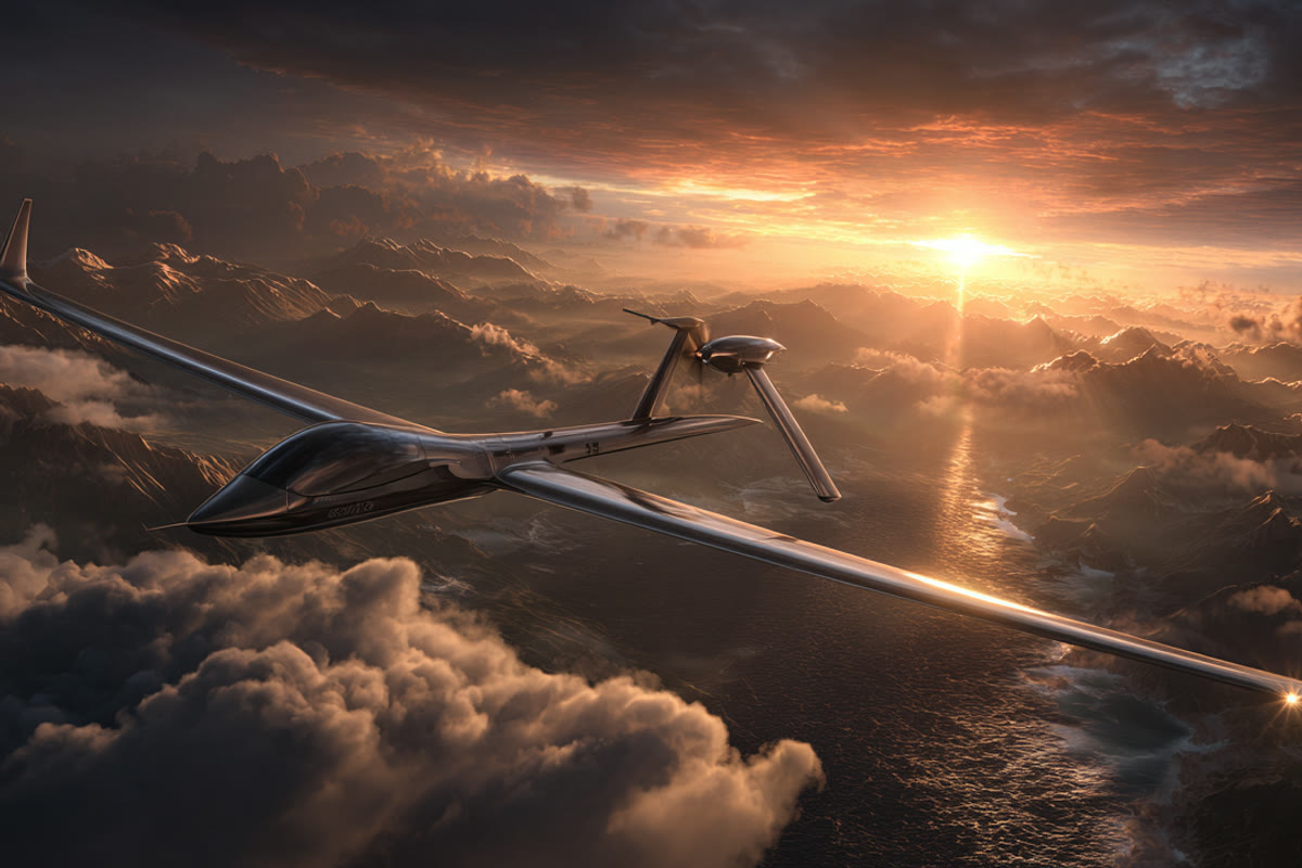 Illustrative image: a long-endurance uncrewed aircraft holding station above the cloud deck at dusk.