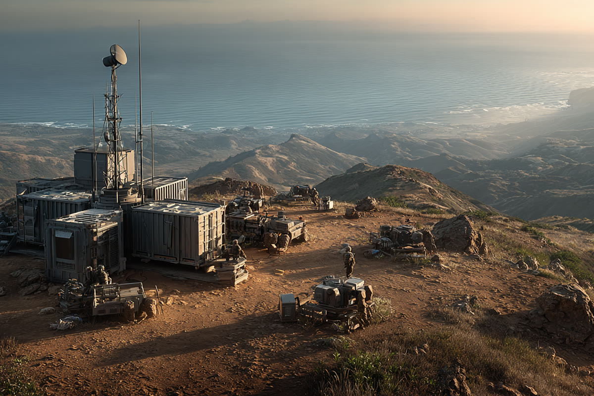 Illustrative image: a ridgeline sensing and support installation overlooking coastal approaches at first light.