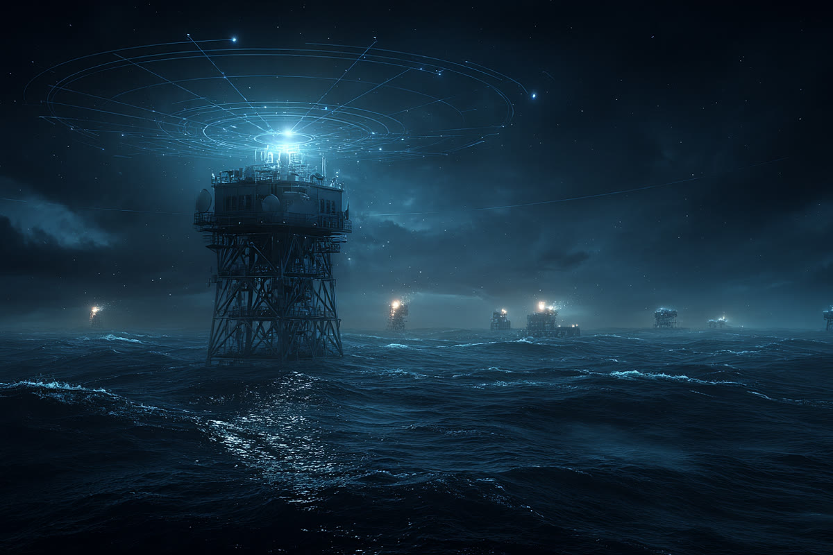 Illustrative image: an offshore sensing mast over dark open water at night, distant contacts on the horizon.