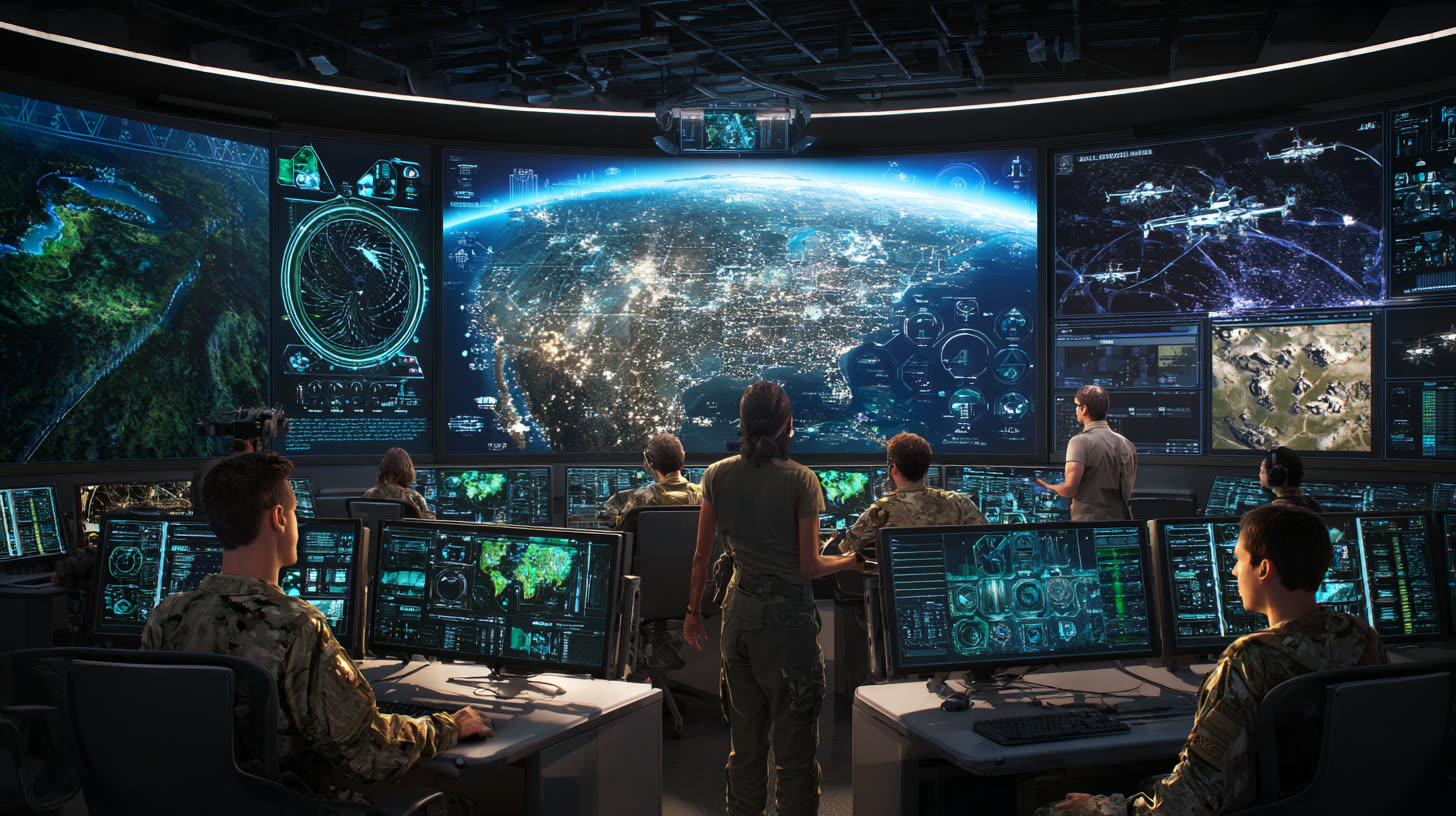 Illustrative image: mission operators directing a shared awareness picture from a command center