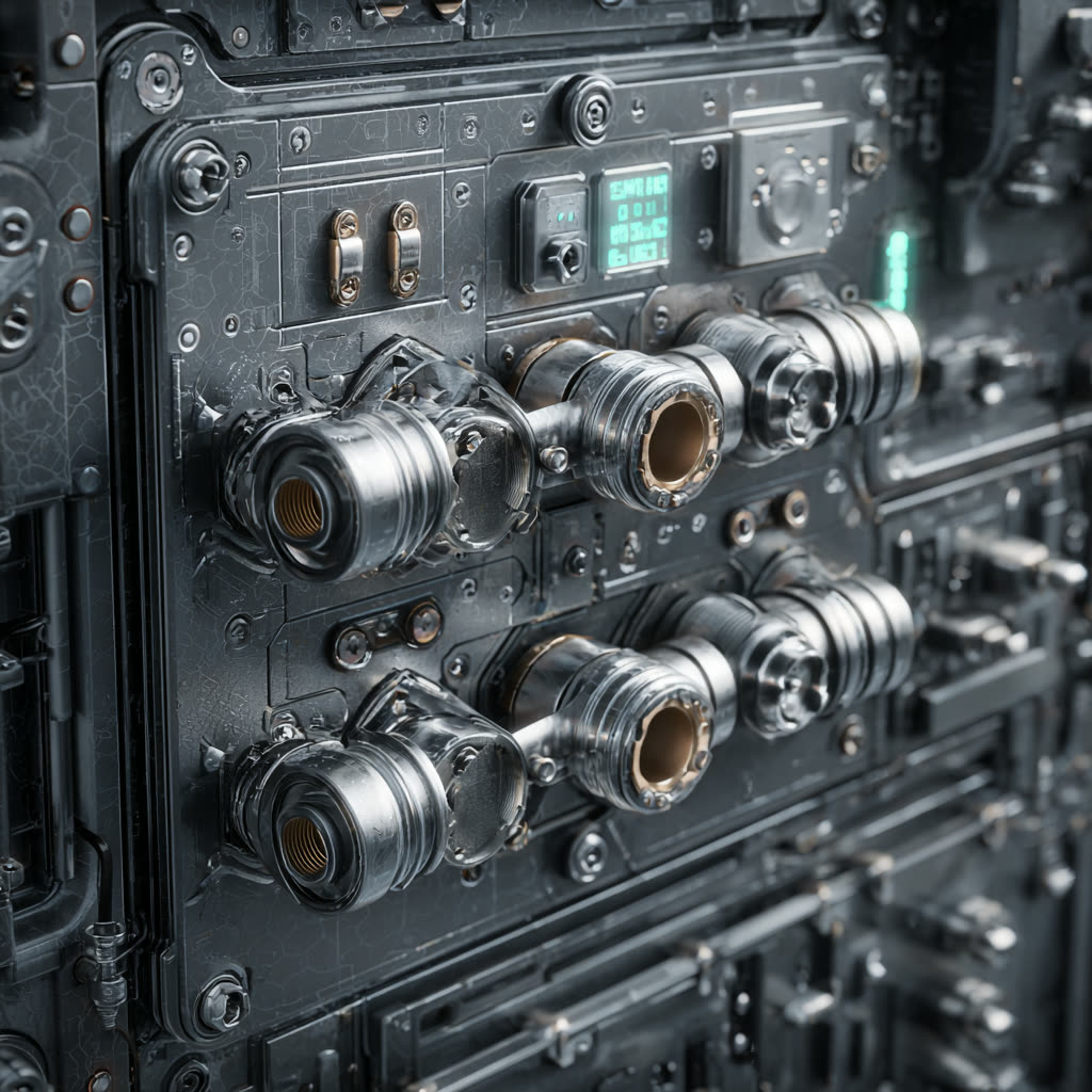 Illustrative image: close engineering detail of modular defense hardware on an inspection bench