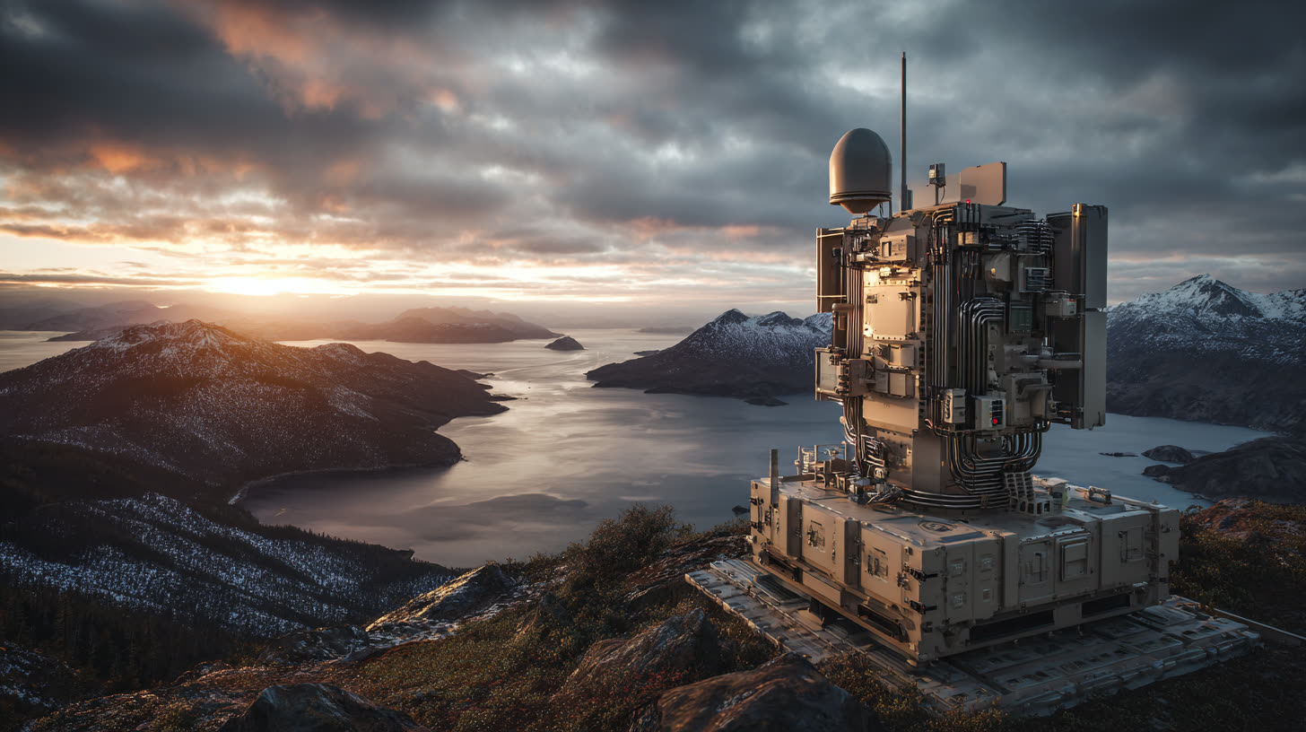 Illustrative image: an uncrewed sensing installation on a coastal ridge at first light