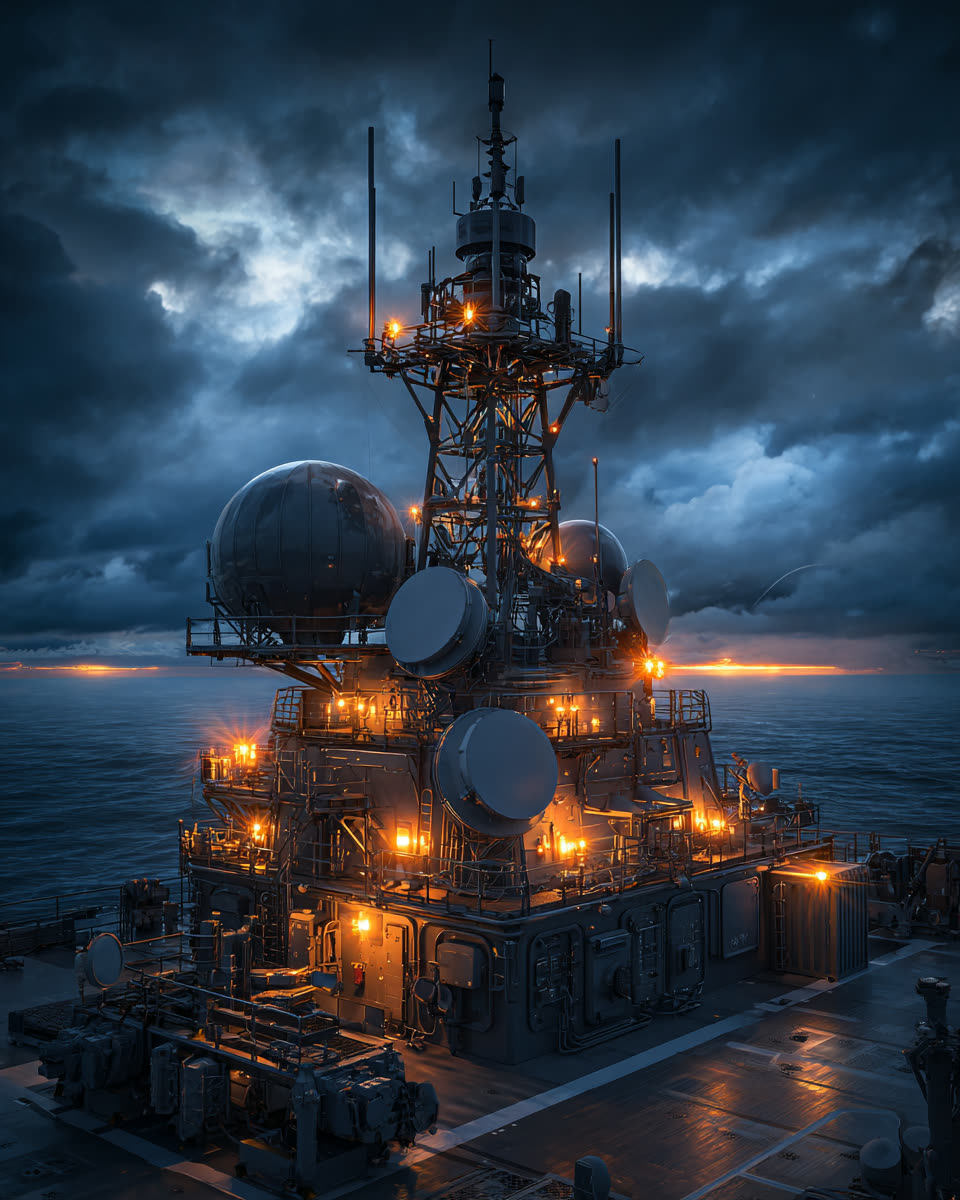 Illustrative image: a sensor and communications mast lit against a night sky