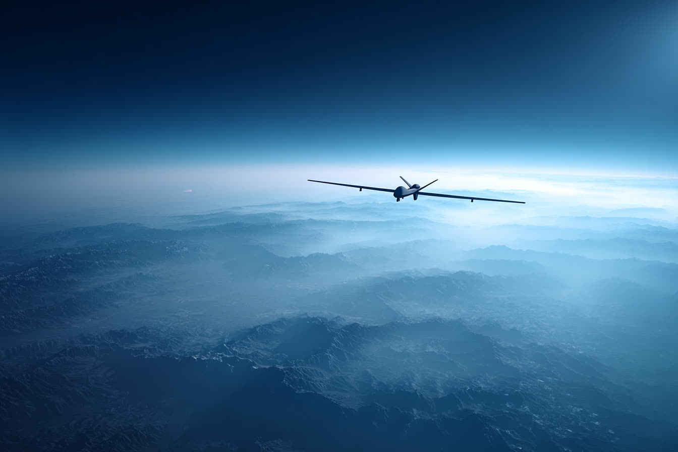 Illustrative image: a long-endurance uncrewed aircraft holding station above distant terrain