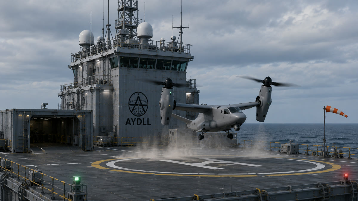 Concept rendering: an autonomous tiltrotor aircraft launching from the AYDLL platform flight deck.