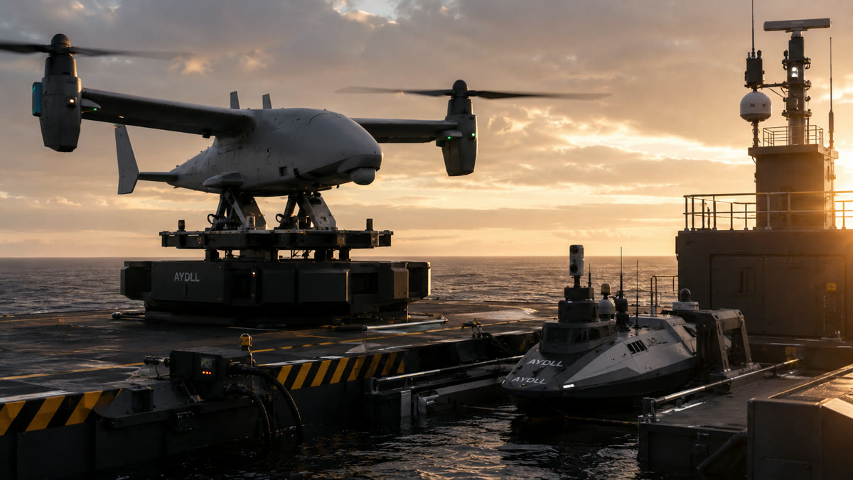 Concept rendering: an autonomous tiltrotor and surface vessel staged on the AYDLL platform for launch and recovery.