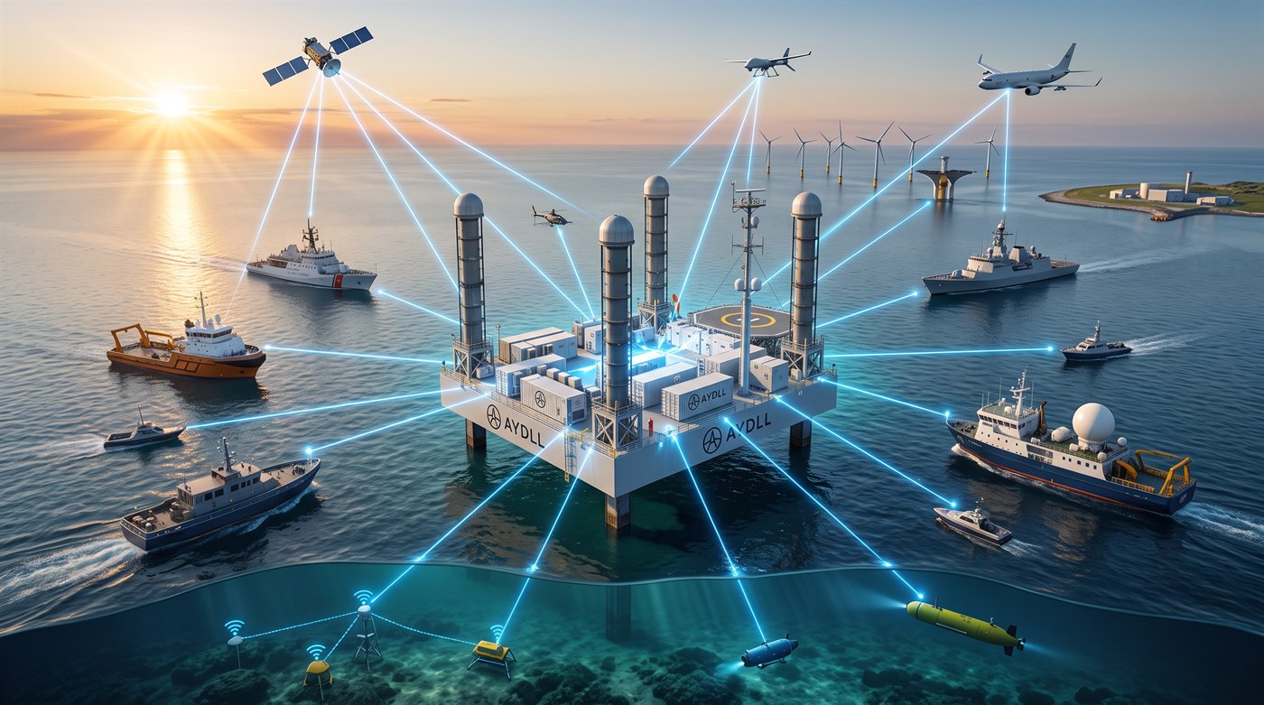 Concept rendering: a network view of the AYDLL platform linking distributed sensors and autonomous systems across air, surface, and subsurface domains.