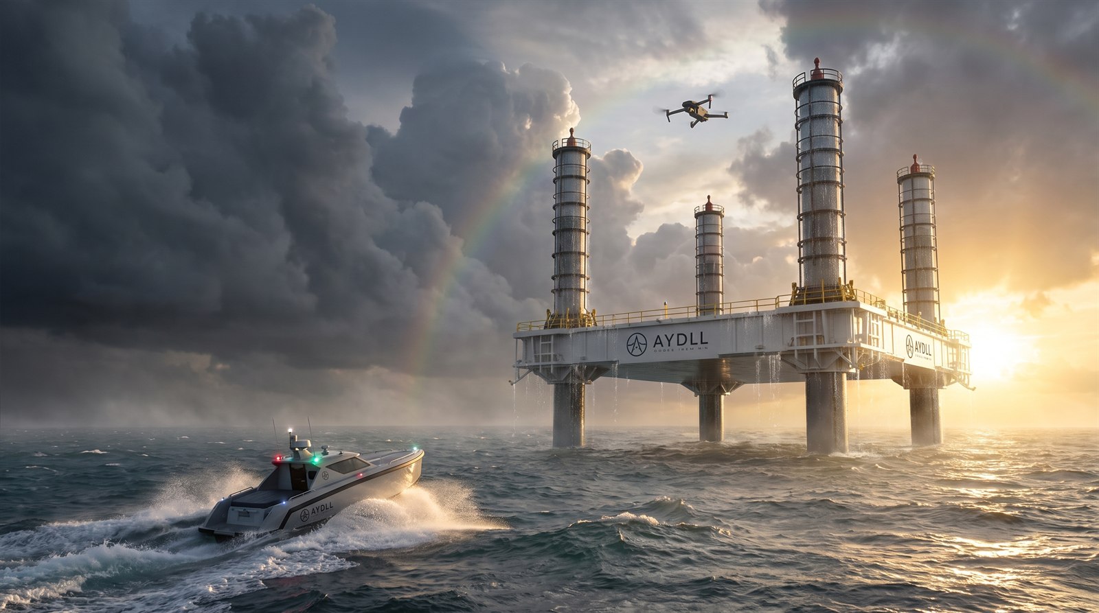 Concept rendering: the AYDLL maritime awareness infrastructure platform on station at sea under breaking weather, with an uncrewed surface vessel and an aerial system operating alongside it.