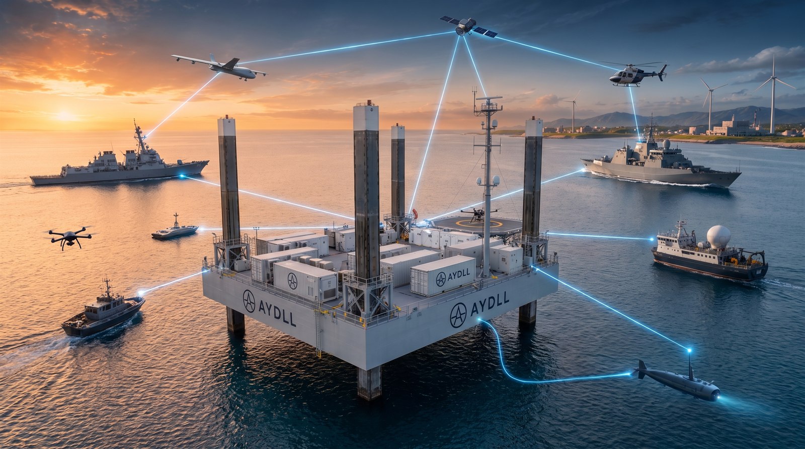 Concept rendering: the AYDLL platform on station at sunset, linked with maritime assets, autonomous surface vessels, and aircraft across the surrounding area.
