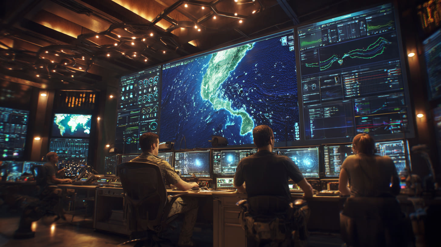 Illustrative image: a small mission-operations team at consoles before a wall display tracking the maritime approaches.